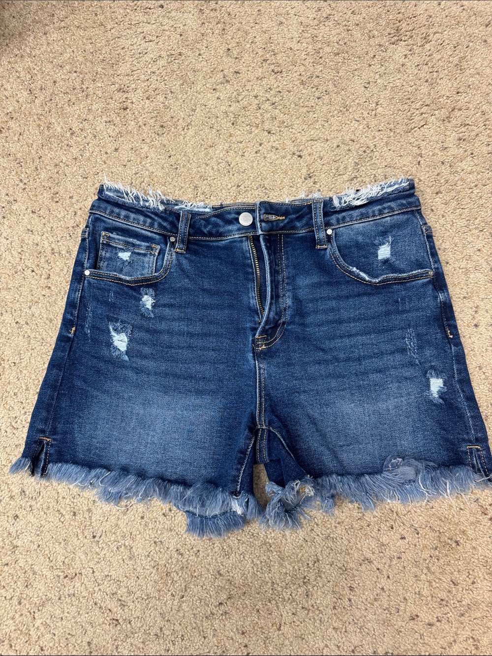 Risen Frayed Hem Dark Wash Denim Shorts